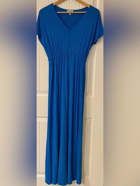 Blue Maxi Dress - Sleeveless Gathered Waist